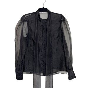 Zara Sheer Black Tie-Neck Top Puff Sleeves Womens L Fairy Whimygoth